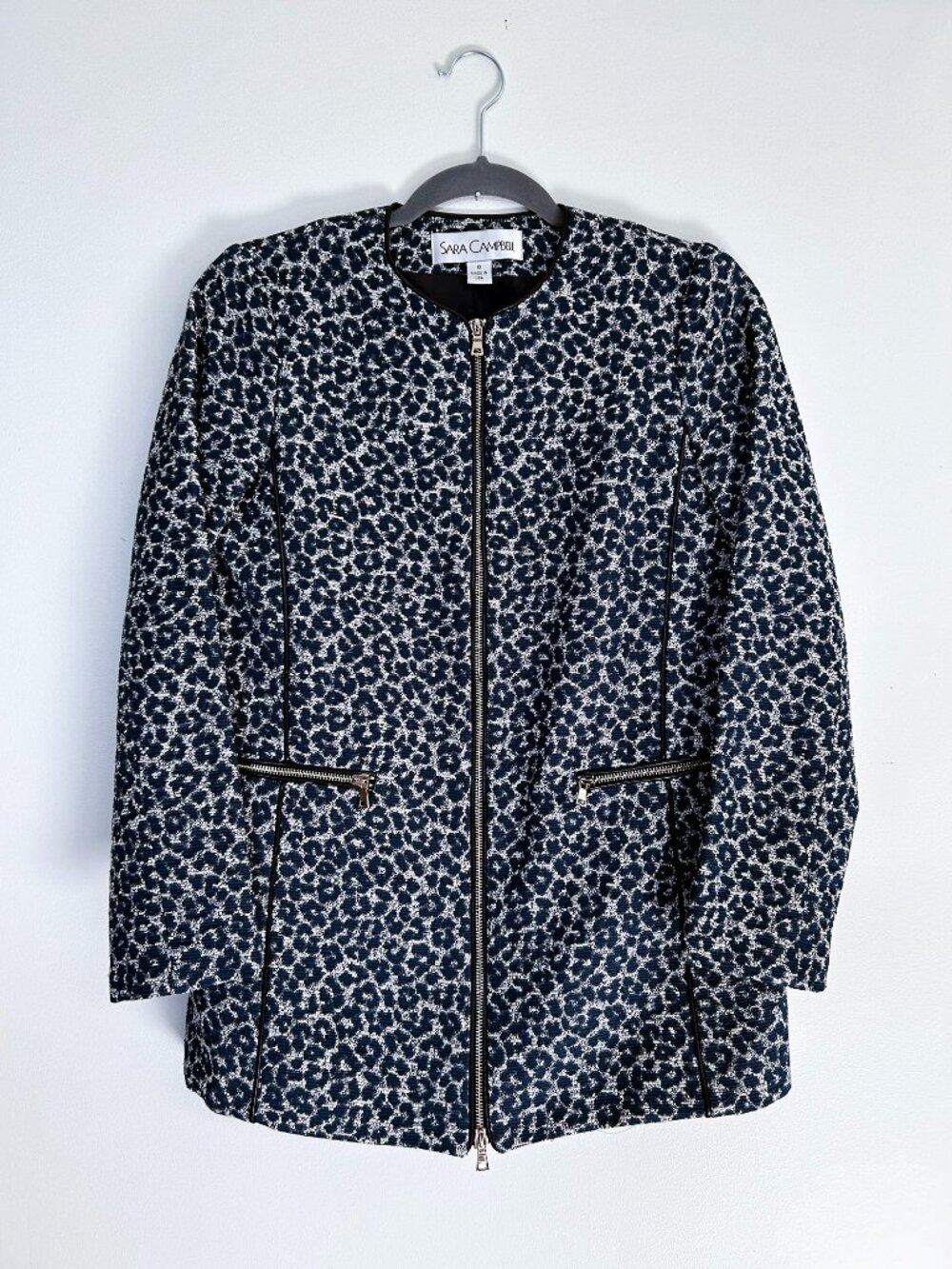 Sara Campbell Navy Leopard Jacquard Jacket Leather Trim - Size 0 Perfect $298